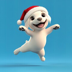 Joyful puppy in Santa hat leaps for holiday cheer!