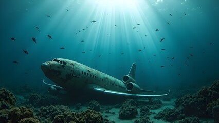 Sinking airplane wreckage illuminated by sunbeams in deep ocean waters surrounded by marine life, ideal for disaster documentaries or underwater exploration visuals