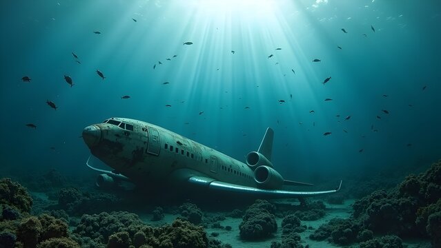 Sinking airplane wreckage illuminated by sunbeams in deep ocean waters surrounded by marine life, ideal for disaster documentaries or underwater exploration visuals