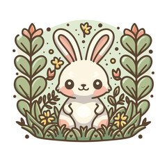 Simple line art of a Baby Rabbit forest setting. The design is minimalistic and specifically created for a coloring page, with clean outlines and no shading