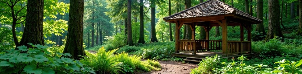 Wooden gazebo situated in a secluded area of the forest with a dense undergrowth of ferns and moss, forest glade, vegetation, ferns