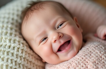 Closeup of a smiling newborn baby lying on a soft knitted blanket for parenting blogs, baby products, and photo frames