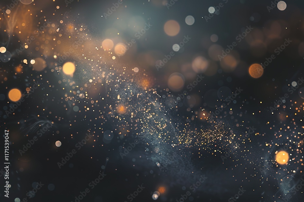 Poster glowing particles and bokeh lights in dark space. abstract background.
