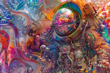 Fototapeta premium Surreal artwork depicting an astronaut engulfed in a vibrant, multicolored cosmic scene. Bubbles and organic forms create a dreamlike atmosphere.
