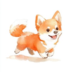 Playful watercolor corgi running joyfully in a park setting captured in a vibrant artistic style, isolated on white background