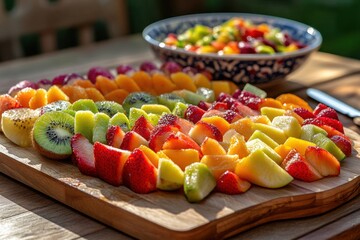 Colorful fresh fruits are carefully arranged on a wooden board, highlighting their vibrant textures and hues