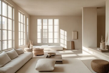 Obraz premium A serene minimalist living room boasts clean lines, neutral hues, and plenty of natural light from large windows