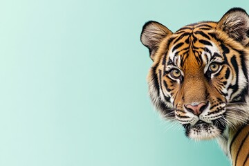 The tiger, cautiously surprised, peeks out from around the corner. plain colored background with copy space. Close-up.