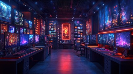 Neon-lit gaming room, multiple screens, futuristic cityscapes.