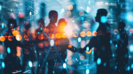 Silhouetted figures in a vibrant, networked cityscape.