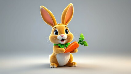Obraz premium Adorable 3D rendered Easter bunny holding a carrot, cheerful expression, perfect for greeting cards, children's books, or websites.