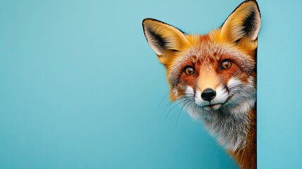 Fototapeta premium a cautious fox peeks out from around the corner of a blue background with copy space. Close-up.