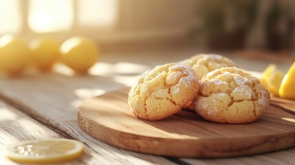 Newly baked lemon crinkle cookies arranged on a blue platter with day light