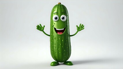 Cheerful cartoon cucumber character waving, 3D render, isolated on white background. Perfect for children's books, healthy eating campaigns, or fun food-related projects.