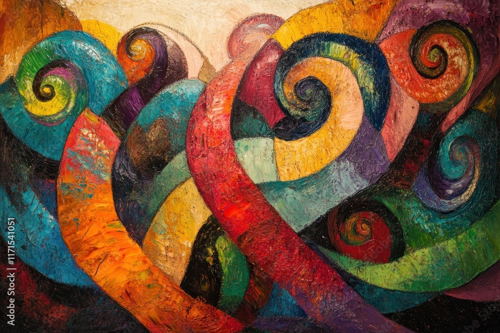 Poster dynamic swirls and bold shapes interact harmoniously, inviting viewers to feel joy through vibrant c