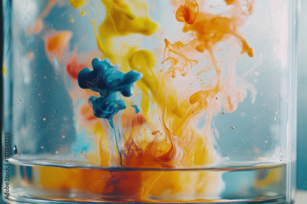 Poster vibrant ink splashes in clear water, producing captivating patterns and textures in a playful displa