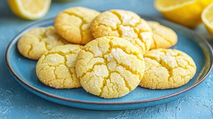 Newly baked lemon crinkle cookies arranged on a blue platter with day light 