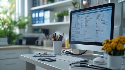 A doctor's desk with stethoscope and a computer monitor displaying medical data