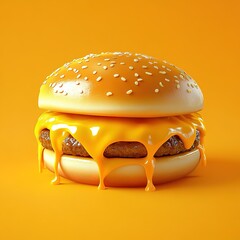 Cheeseburger with melted cheese dripping down the sides, on an orange background.