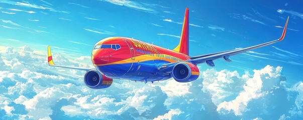 Colorful cartoon airplane flying high above the clouds in the sky