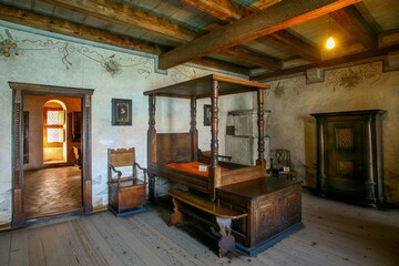 Historic medieval room with ornate wooden furniture.