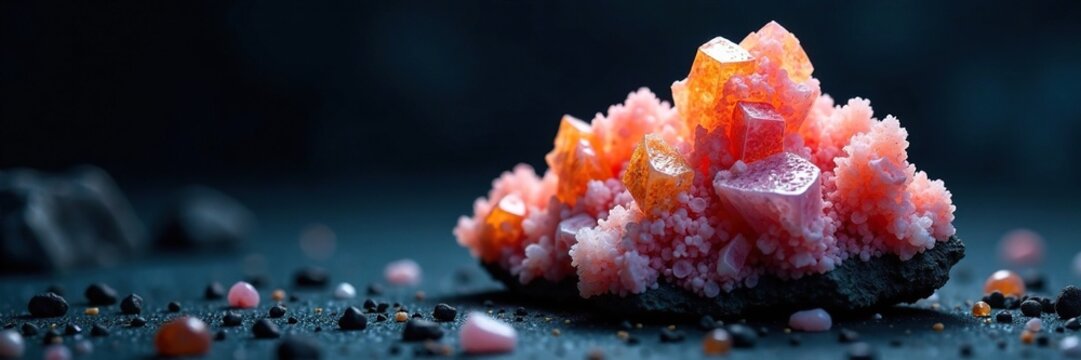 Zeolite mineral specimen on dark background with backlight, crystal growth, mineral