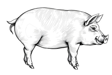 Fototapeta premium A detailed black and white illustration of a pig, showcasing intricate line work and shading. Isolated white background.