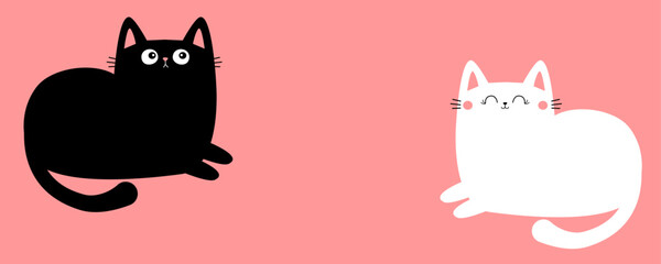 Black White laying cat boy girl. Line banner. Cute sad face head. Kitten love couple. Happy Valentines Day. Cartoon kitty character. Kawaii animal. Love card. Flat design. Pink background. Vector