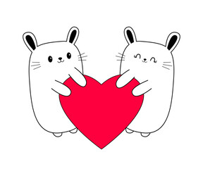 Happy Valentines Day. Two white rabbit hare set holding red heart. Cute cartoon funny character. Kawaii head face. Line hand drawn doodle contour animal. Love card. Flat design White background Vector