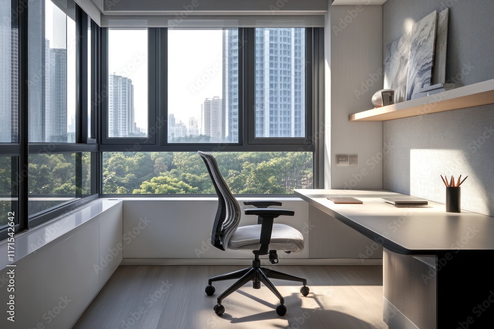 Poster sleek desk and ergonomic chair highlighted by natural light, creating an inviting workspace with urb