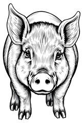 Fototapeta premium A detailed black and white illustration of a pig, showcasing intricate line work and shading. Isolated white background.