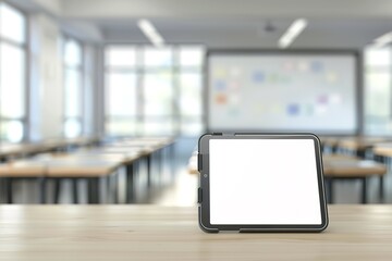 Tablet on desk in classroom, blank screen.