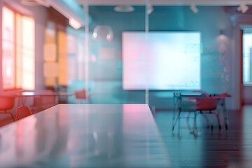 Empty conference table in a modern office space.