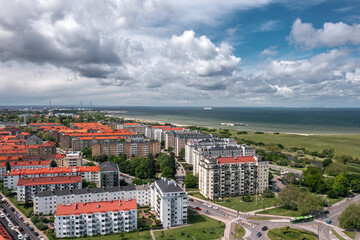 Aerial summer skyline cityscape of residential area near the Øresund (Öresundsparke) in Malmö, Sweden. 