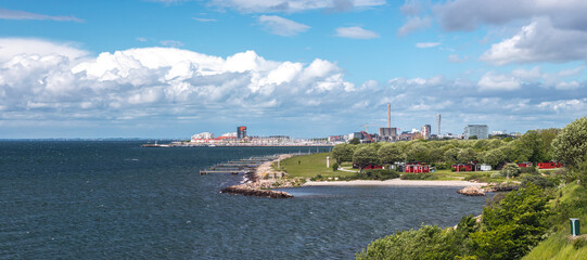 Summer cityscape of Malmö, Sweden. Panoramic view at the shore of Øresund 