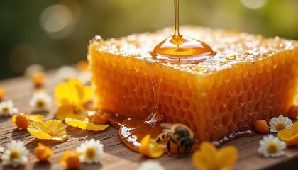 Dripping honey from the honeycomb with flowers and a bee in the background