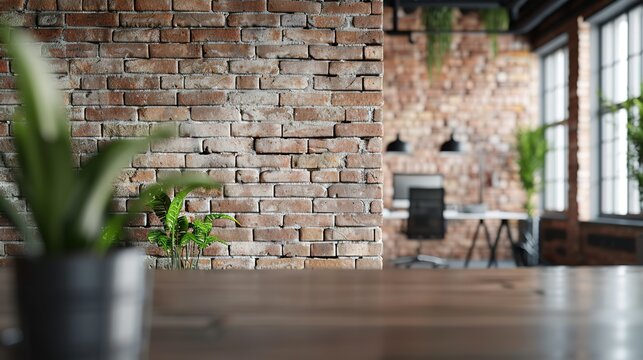 Modern office with exposed brick wall and plants