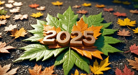 Wooden 2025 numerals nestled amongst vibrant autumn leaves on a dark ground, signifying the transition into a new year.