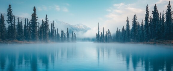 Obraz premium Serene misty lake reflecting mountains and evergreens.