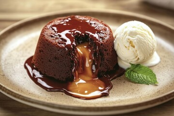 Decadent chocolate lava cake oozes molten chocolate onto a plate, paired with melting vanilla ice cream and mint