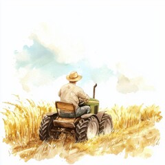 Obraz premium Watercolor farmer on tractor harvesting wheat fields rural landscape vibrant blue skies artistic perspective, isolated on white background