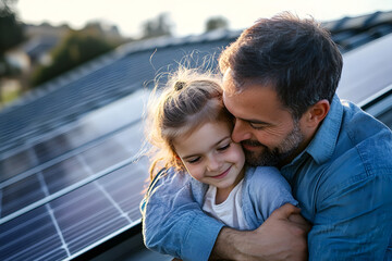 Father with girl on roof with solar panels, hugging. Rooftop solar or photovoltaic system. Sustainable future for next generation.