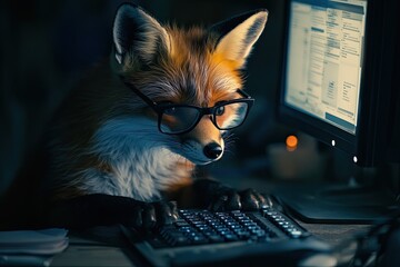 cunning fox with glasses programs on a computer, funny technology concept. dark room