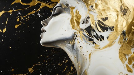A fusion of milk and gold creating a female figure on a black field designed for elegance and depth