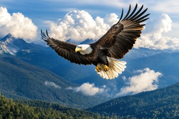 Obraz premium A bald eagle glides effortlessly among fluffy clouds, showcasing its wings against a stunning mountainous backdrop