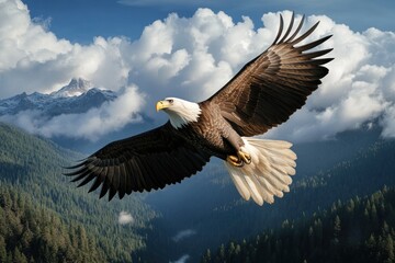 Obraz premium Powerful bald eagle glides effortlessly through bright clouds, showcasing its strength against a vast natural backdrop