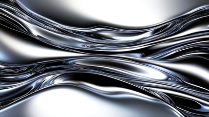 Liquid metal, flowing chrome, abstract waves, reflective surface, smooth curves, silver and blue tones, dynamic swirls, futuristic texture, glossy finish, metallic sheen, fluid motion, high contrast, 