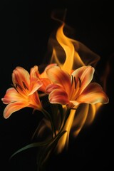 A close up of a single orange flower with a flame behind it. The flower is surrounded by the flame, creating a dramatic and intense effect. Concept of danger and beauty