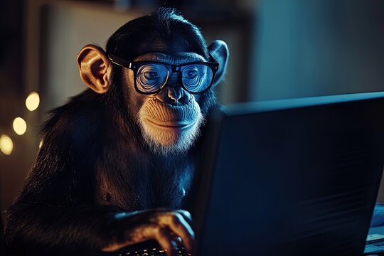 monkey with glasses programs on a computer, funny technology concept. dark room.