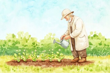 Watercolor painting of a gardener watering plants in a lush garden serenity in nature gentle viewpoint